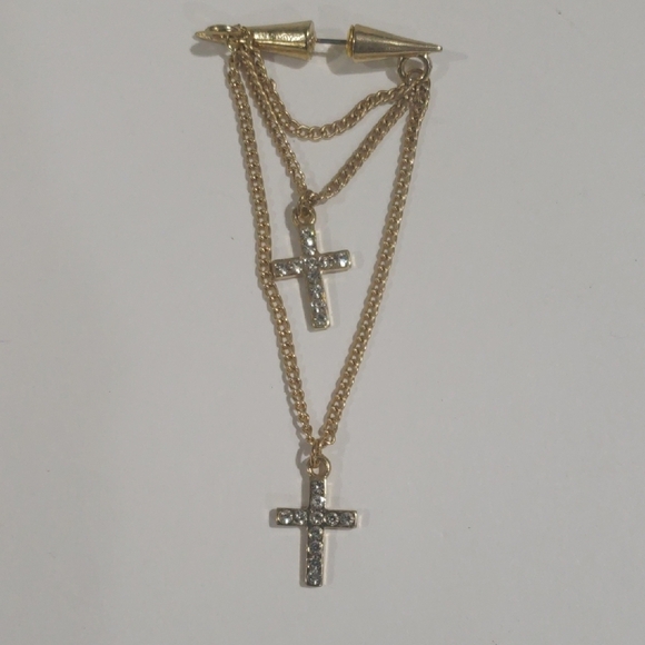 Gold-tone Layered Chain Sparkling Crosses Drop Earrings 3.5-in - Women's Jewelry - Picture 3 of 7